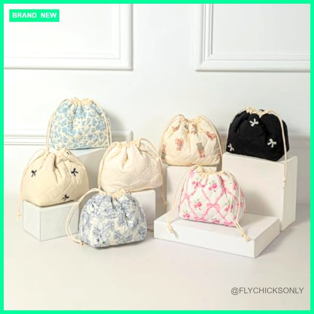 Quilted Drawstring Makeup Bag Canvas Lining Travel Toiletry Cosmetic - Picture 6 of 6